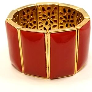 ✅Red Carnelian Inlay Stretch Reversible Cuff Bracelet Gold Ornate Hand Crafted❣